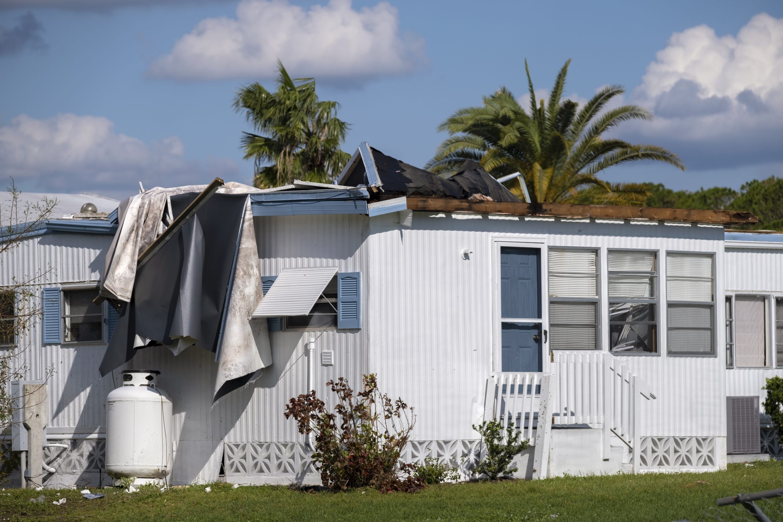 Badly damaged mobile homes after hurricane in flor