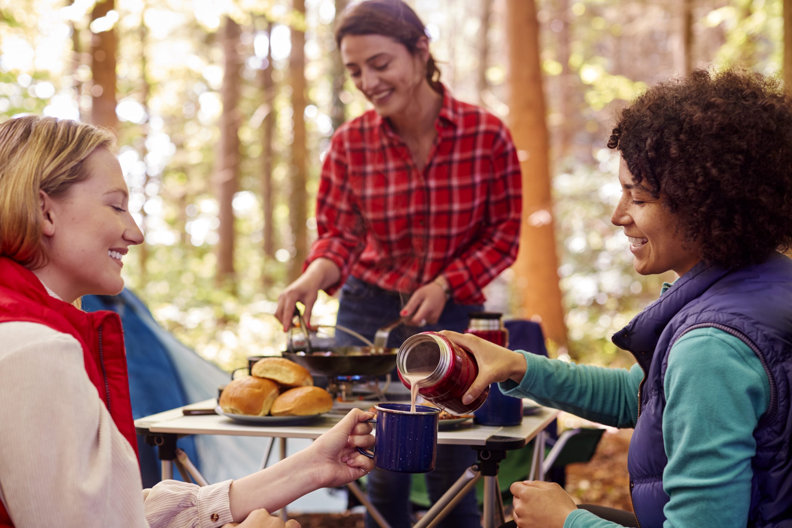 Group of female friends on camping holiday in fore