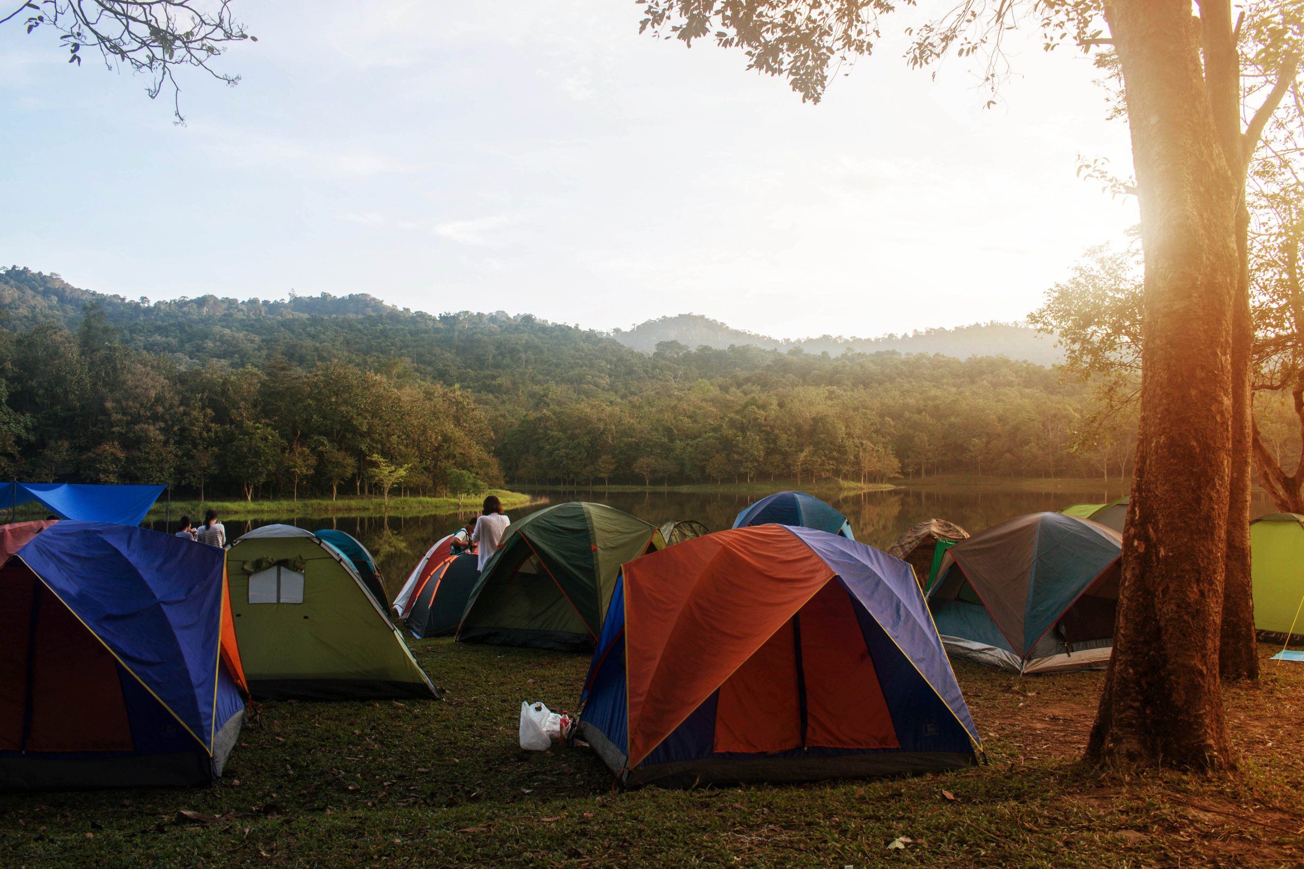 Scenic campground by the lake at sunrise